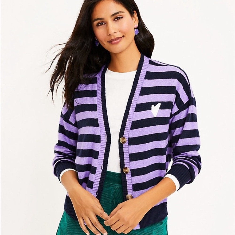 LOFT Heart Stripe V-Neck Cardigan Sweater  In Purple/ Navy Blue Size M